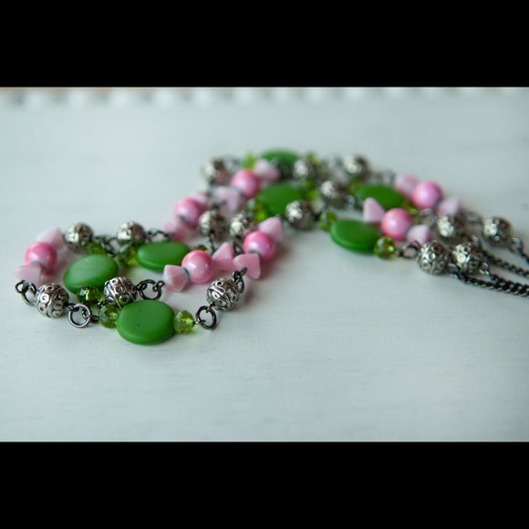 Hand Crafted Jewelry - NEW - Necklace in Shades of Pink, Green and Silver Beads